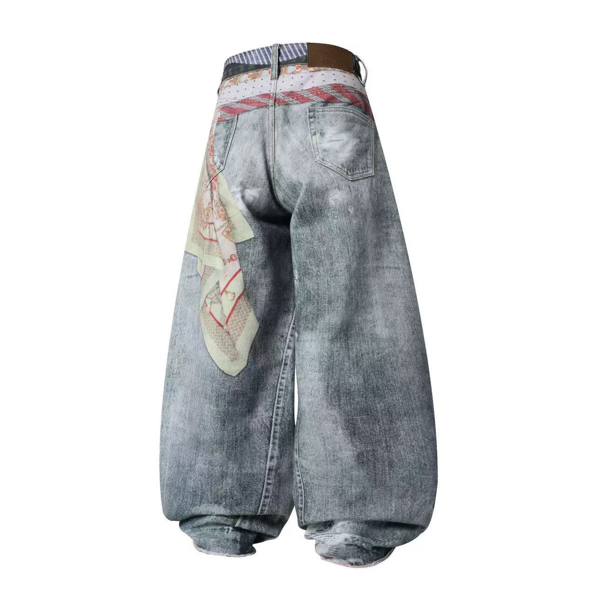 3D Tie & Scarf Print Distressed Baggy Wide Leg Jeans