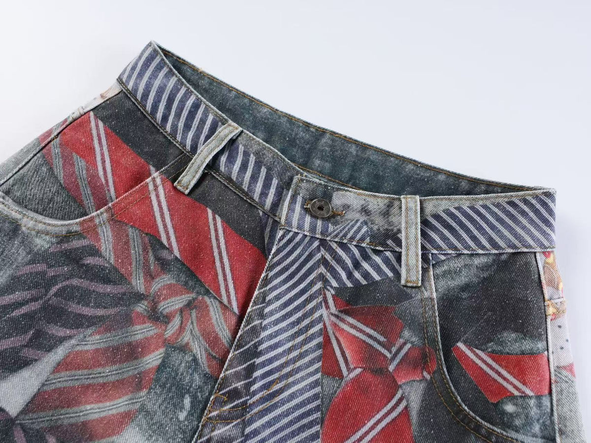 3D Tie & Scarf Print Distressed Baggy Wide Leg Jeans