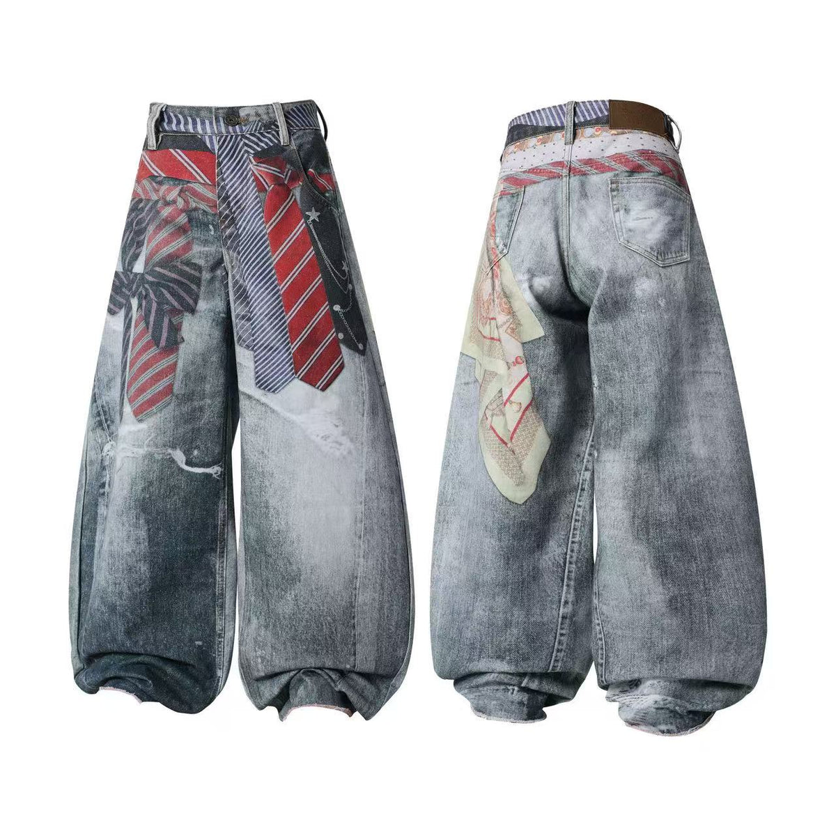 3D Tie & Scarf Print Distressed Baggy Wide Leg Jeans