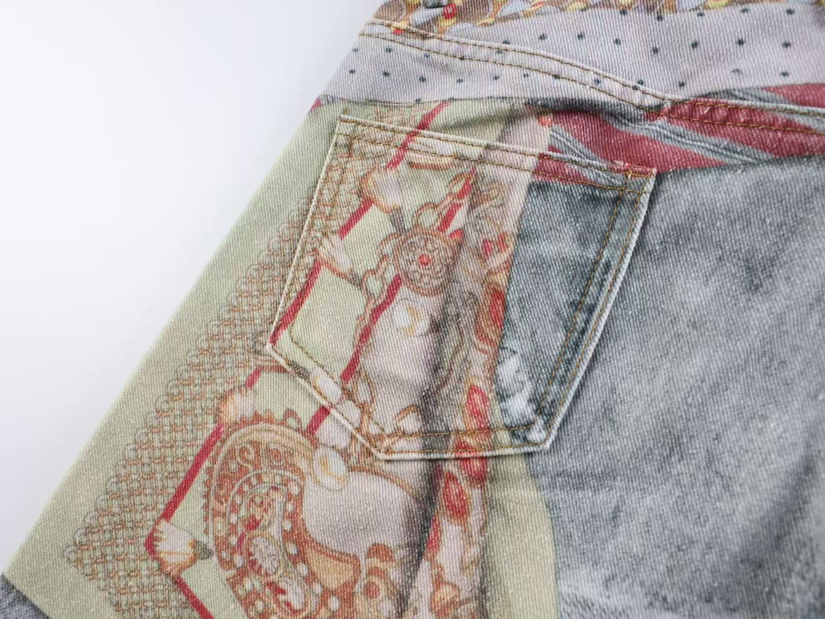 3D Tie & Scarf Print Distressed Baggy Wide Leg Jeans