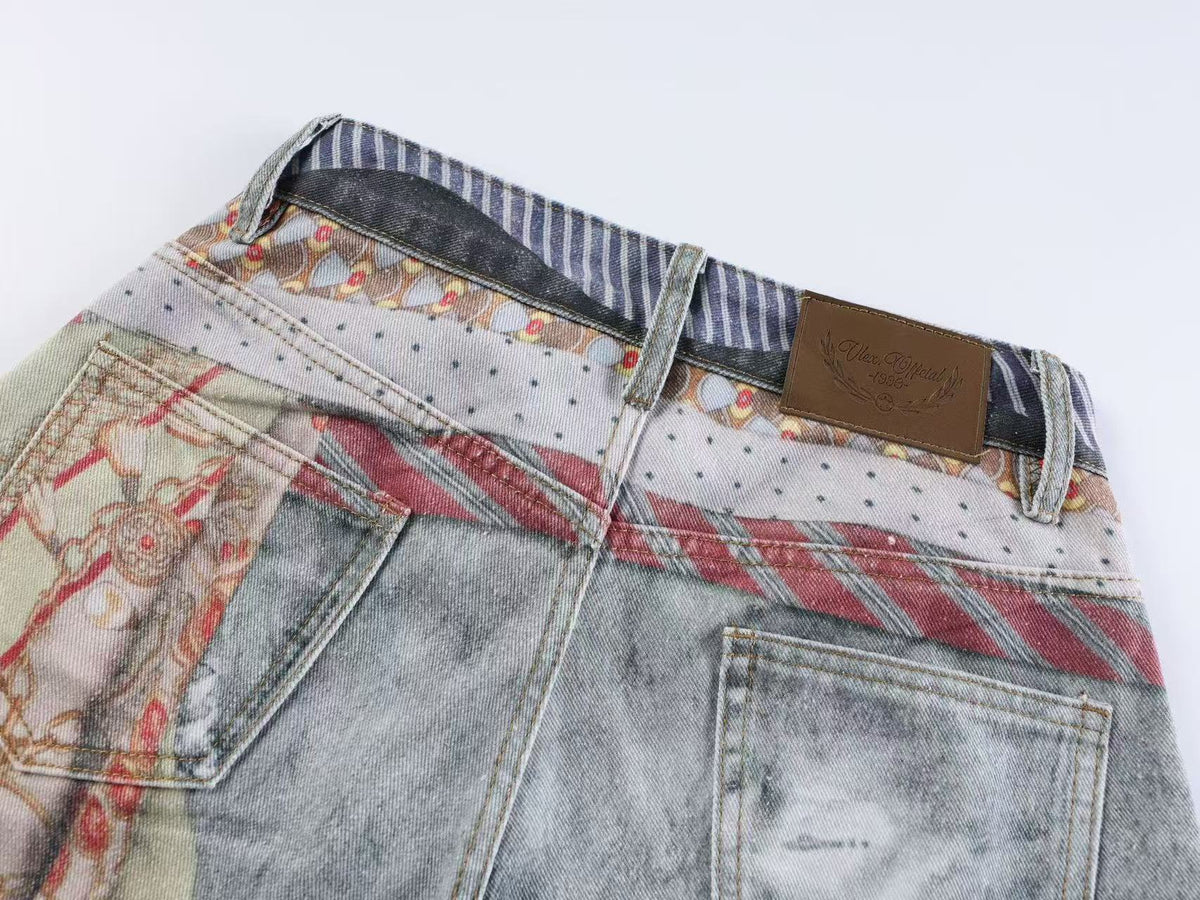 3D Tie & Scarf Print Distressed Baggy Wide Leg Jeans
