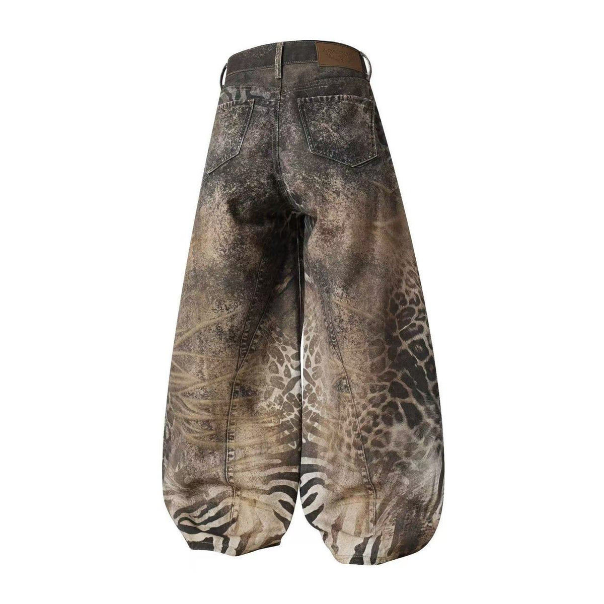 Mixed Animal Print Vintage Wash Baggy Wide Leg Jeans