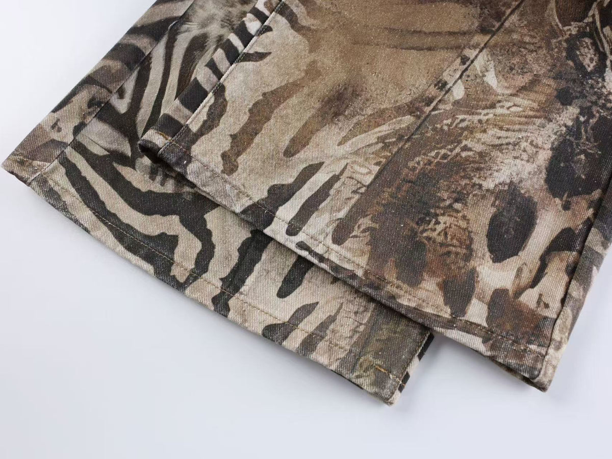 Mixed Animal Print Vintage Wash Baggy Wide Leg Jeans