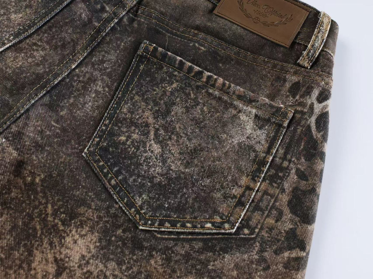 Mixed Animal Print Vintage Wash Baggy Wide Leg Jeans