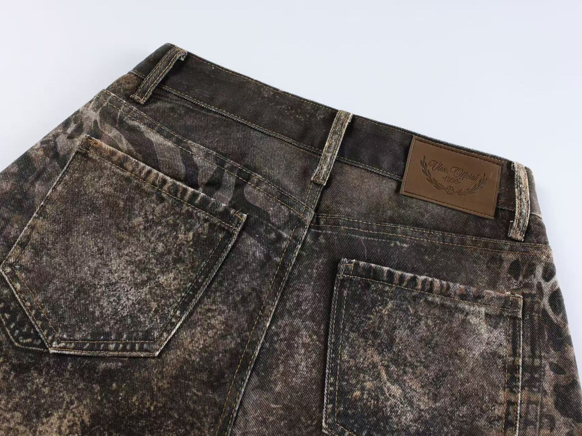 Mixed Animal Print Vintage Wash Baggy Wide Leg Jeans