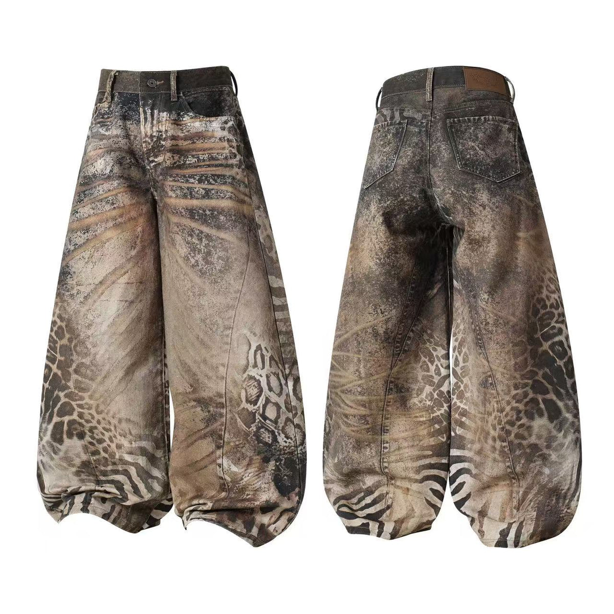 Mixed Animal Print Vintage Wash Baggy Wide Leg Jeans
