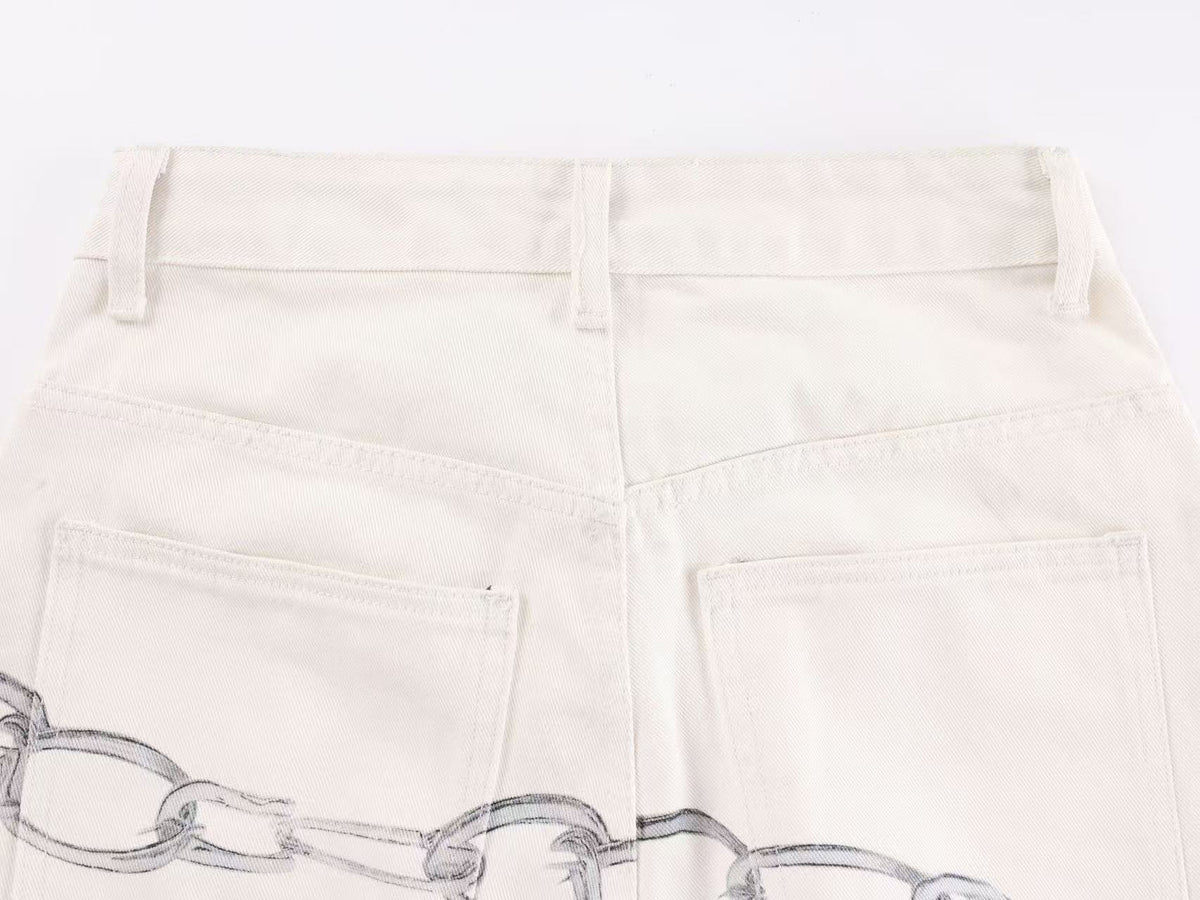 3D Chain & Graphic Print Baggy Wide Leg Balloon Jeans
