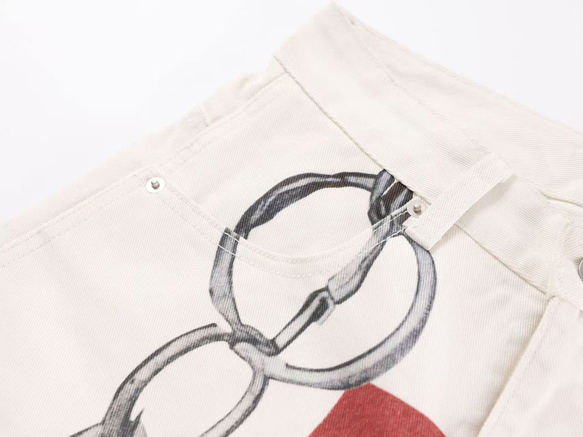 3D Chain & Graphic Print Baggy Wide Leg Balloon Jeans