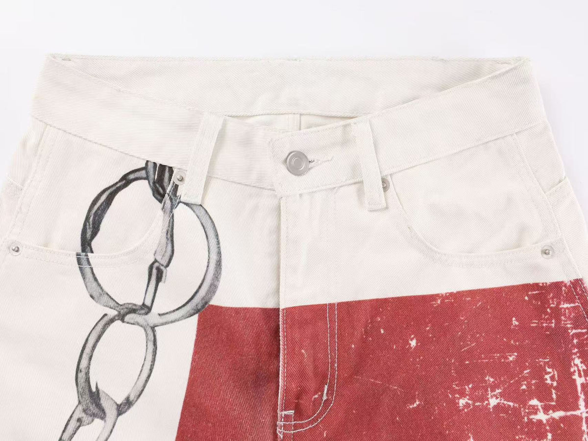3D Chain & Graphic Print Baggy Wide Leg Balloon Jeans