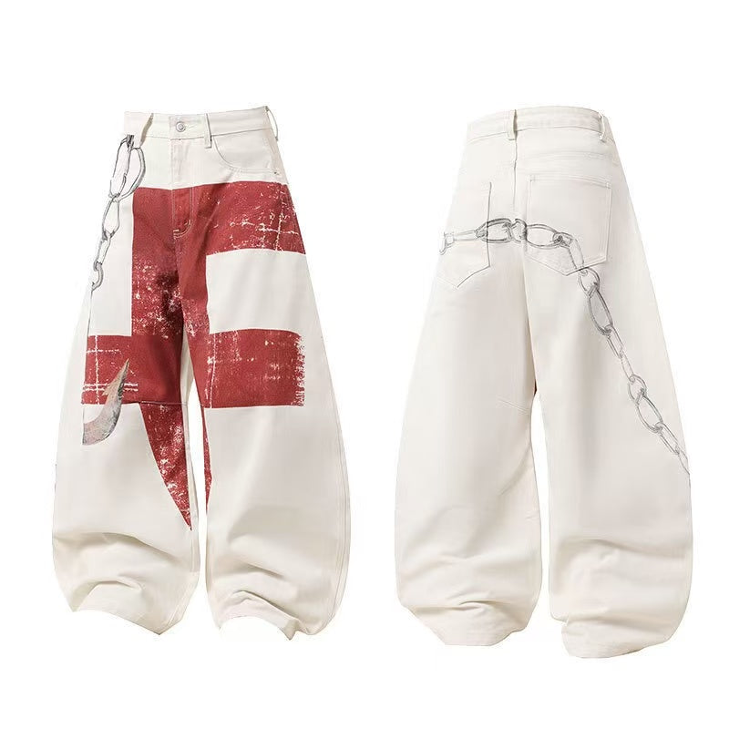3D Chain & Graphic Print Baggy Wide Leg Balloon Jeans