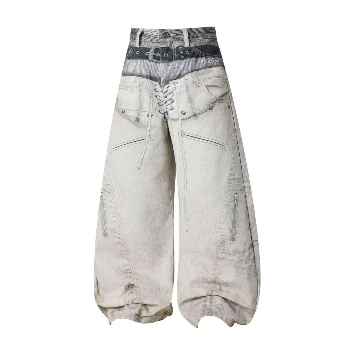 3D Multi Layer Belt & Lace-Up Print Distressed Baggy Wide Leg Jeans