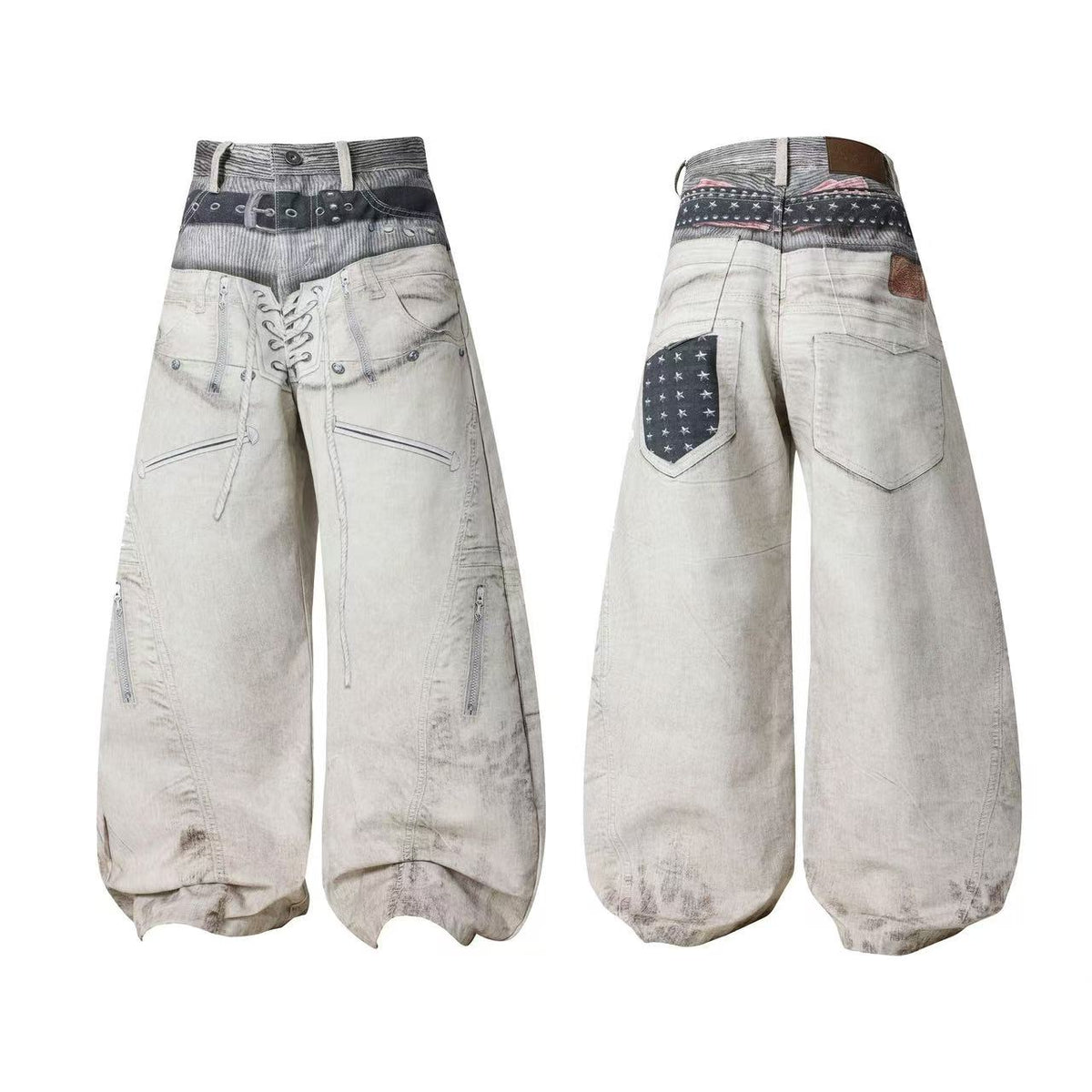 3D Multi Layer Belt & Lace-Up Print Distressed Baggy Wide Leg Jeans