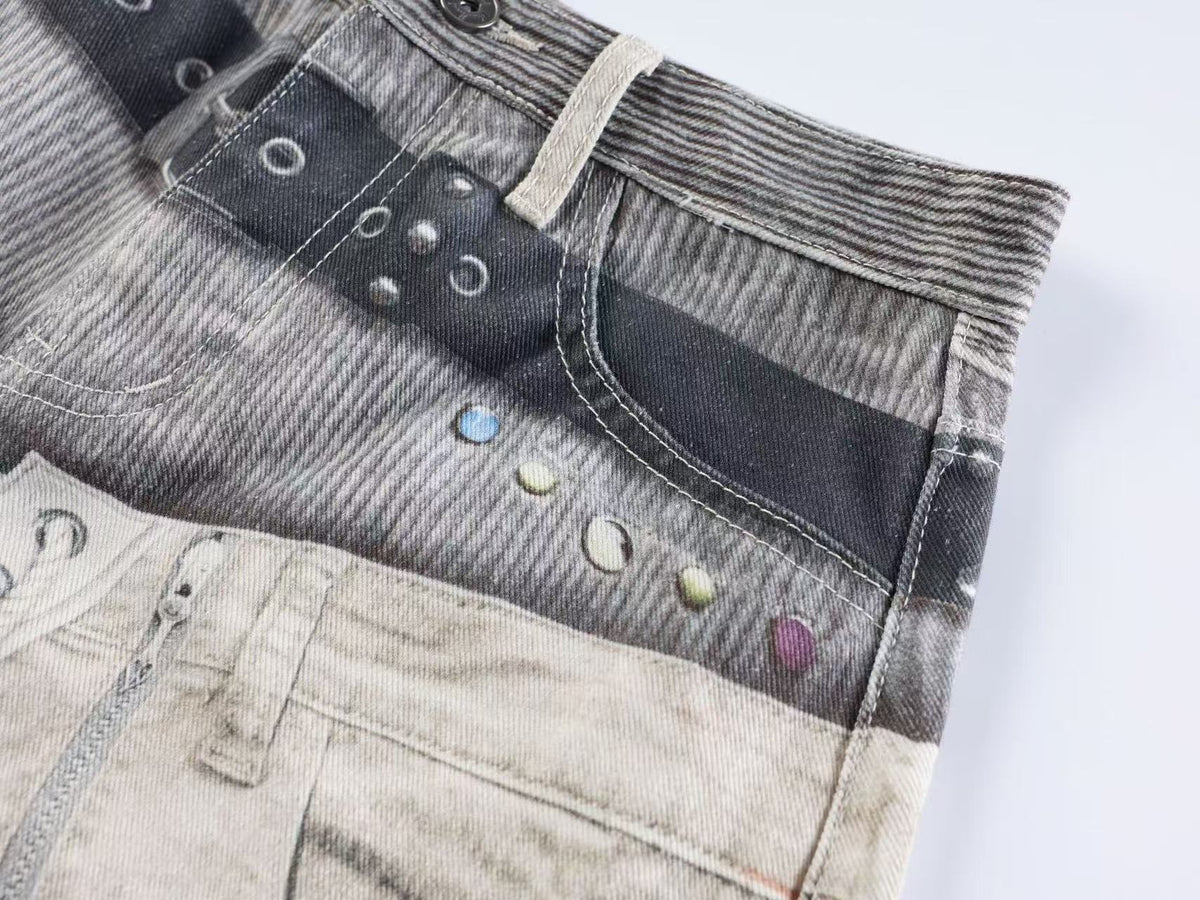 3D Multi Layer Belt & Lace-Up Print Distressed Baggy Wide Leg Jeans