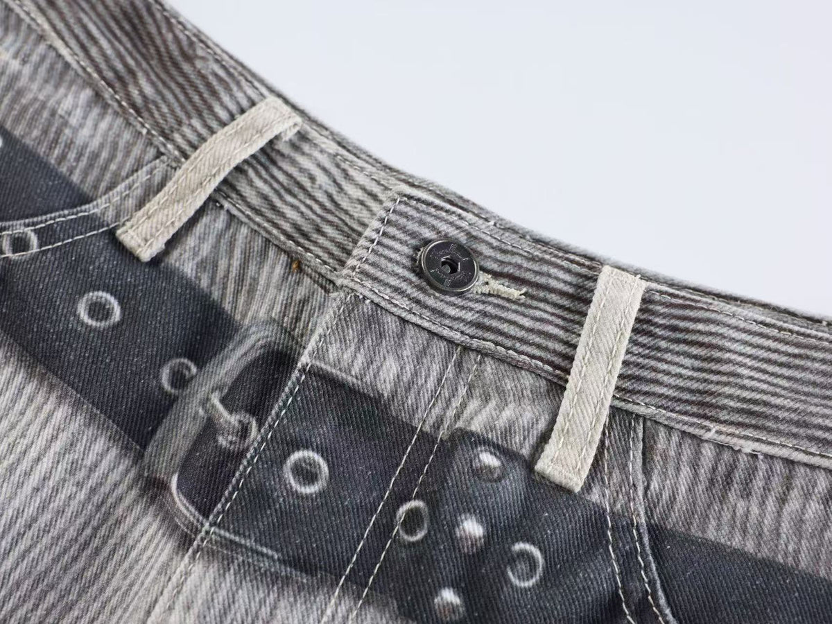 3D Multi Layer Belt & Lace-Up Print Distressed Baggy Wide Leg Jeans