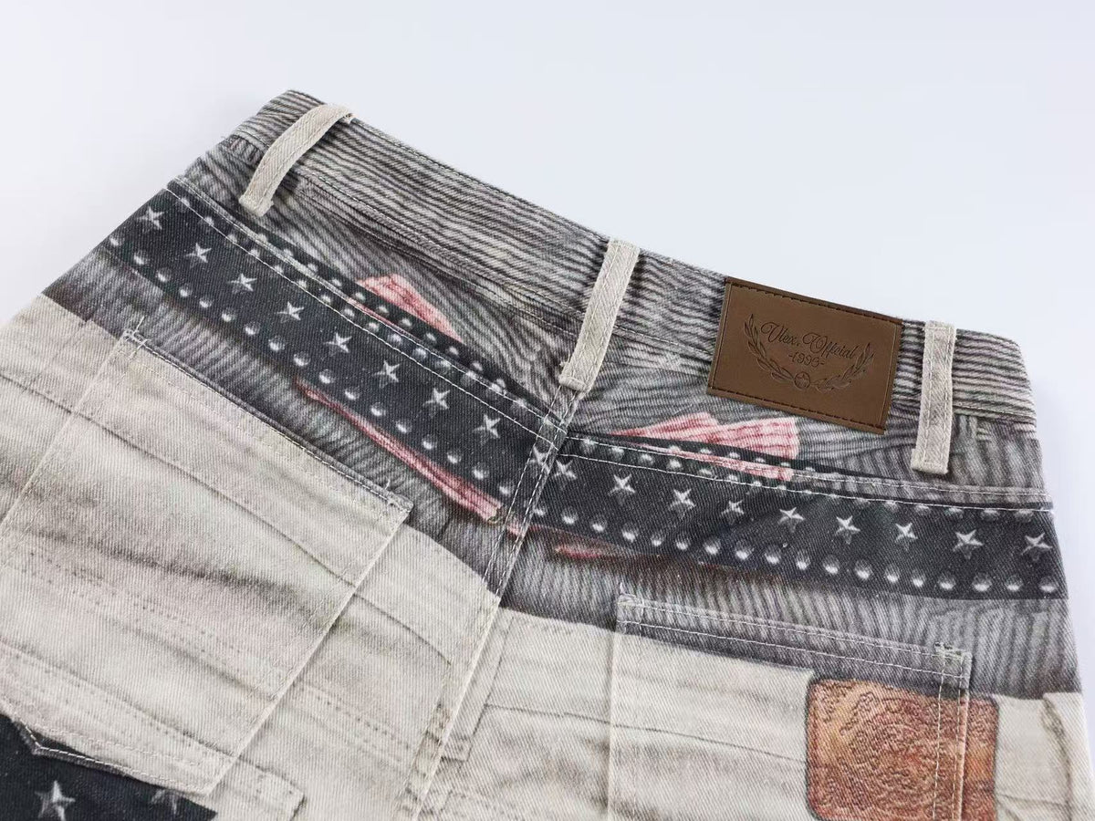 3D Multi Layer Belt & Lace-Up Print Distressed Baggy Wide Leg Jeans