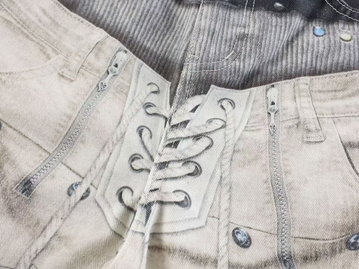 3D Multi Layer Belt & Lace-Up Print Distressed Baggy Wide Leg Jeans