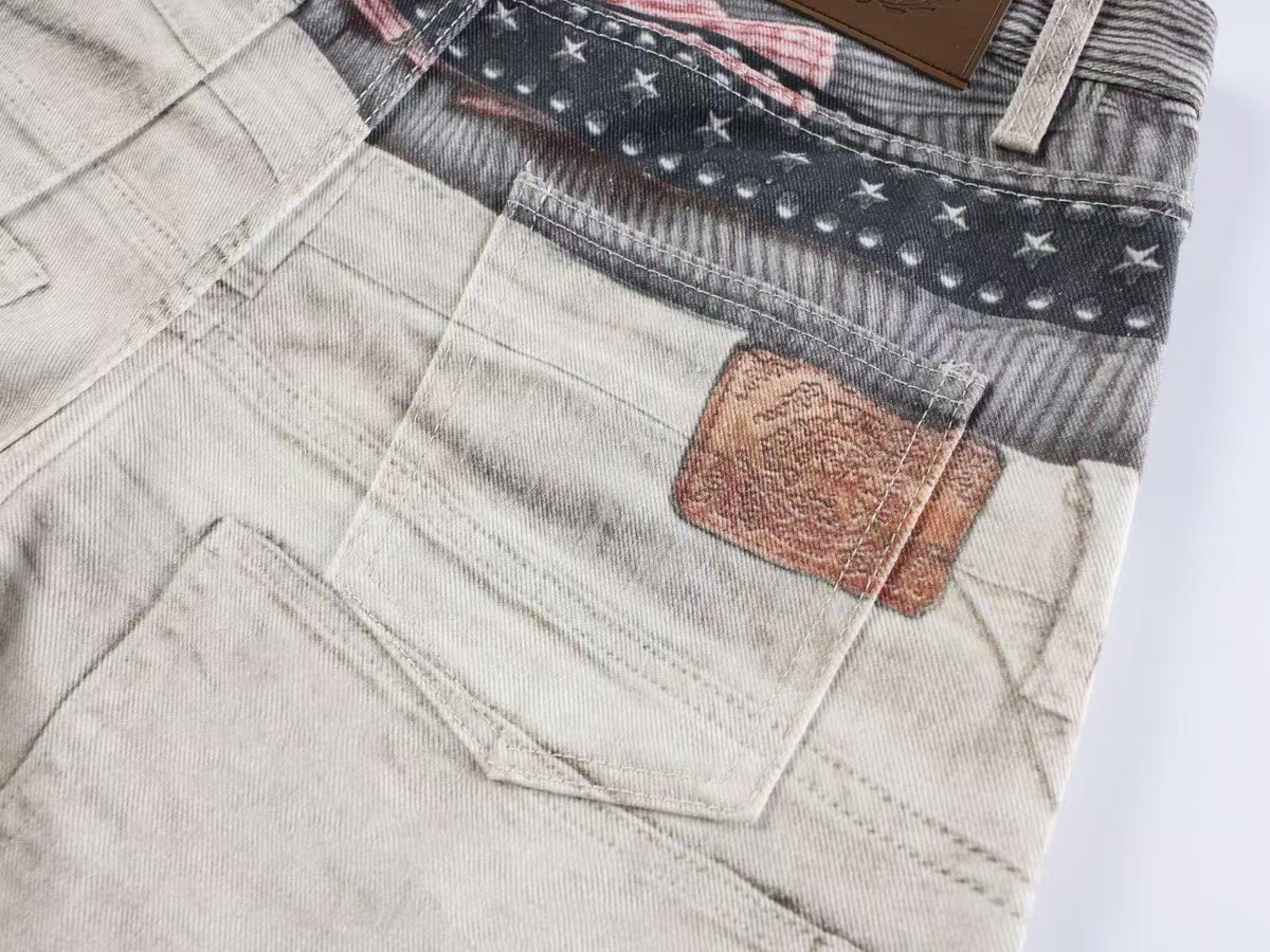3D Multi Layer Belt & Lace-Up Print Distressed Baggy Wide Leg Jeans