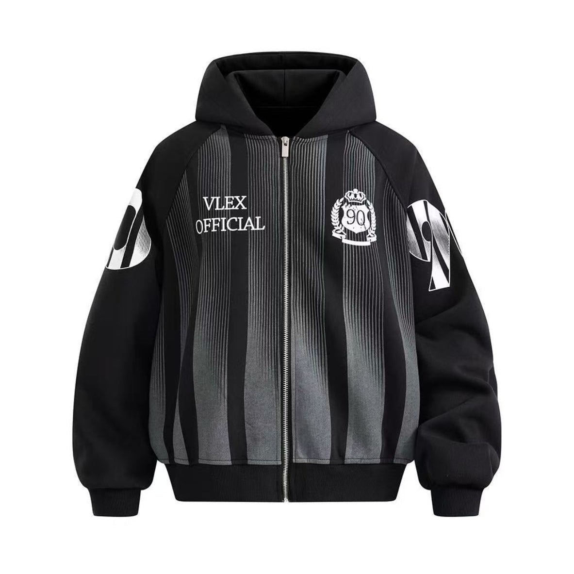 Unisex Striped Crest Print Zip-Up Hoodie