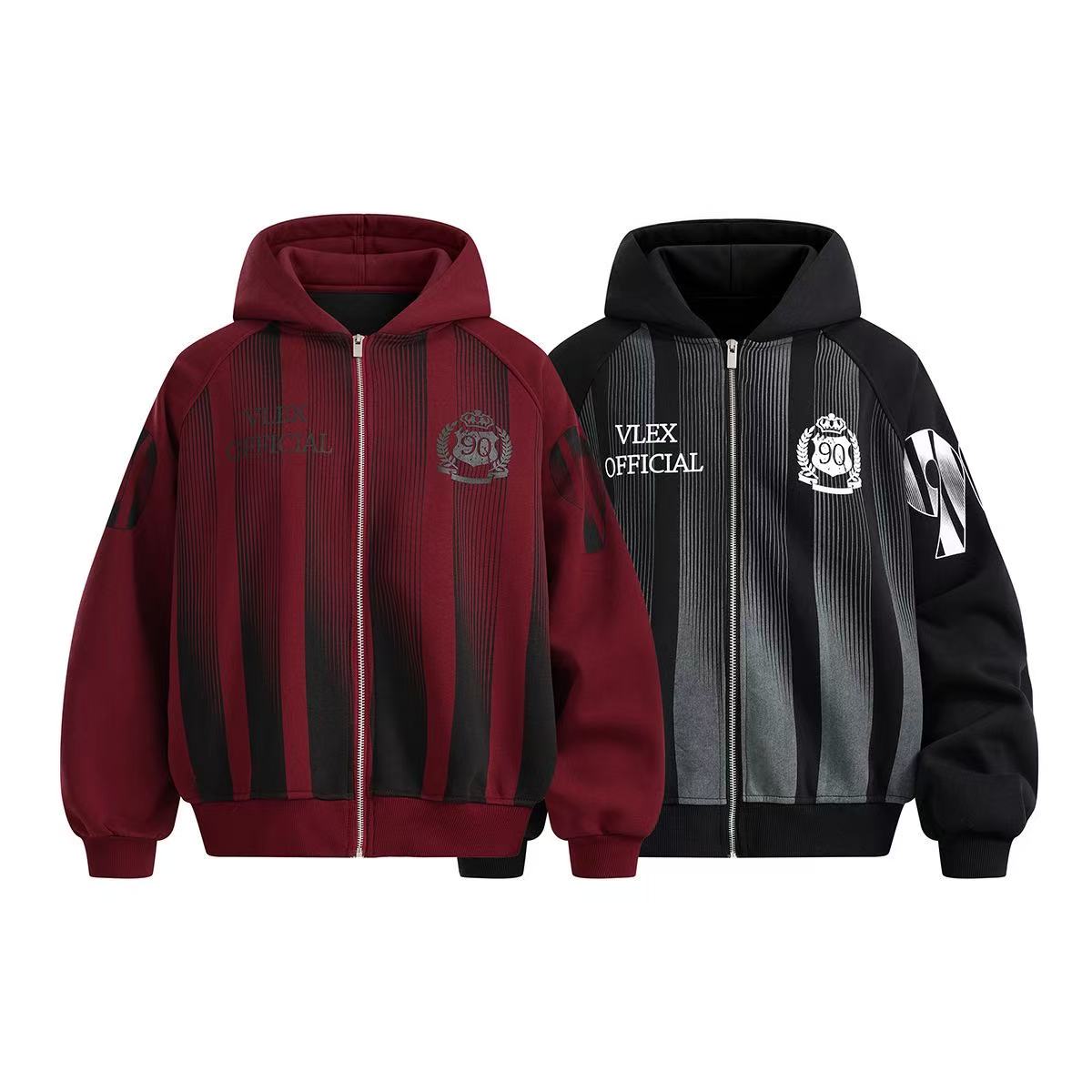 Unisex Striped Crest Print Zip-Up Hoodie