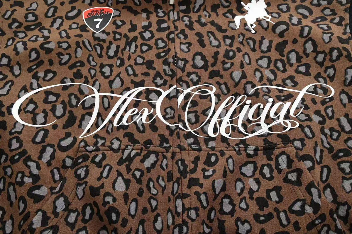 Unisex Leopard Print Color Block Zip-Up Hoodie