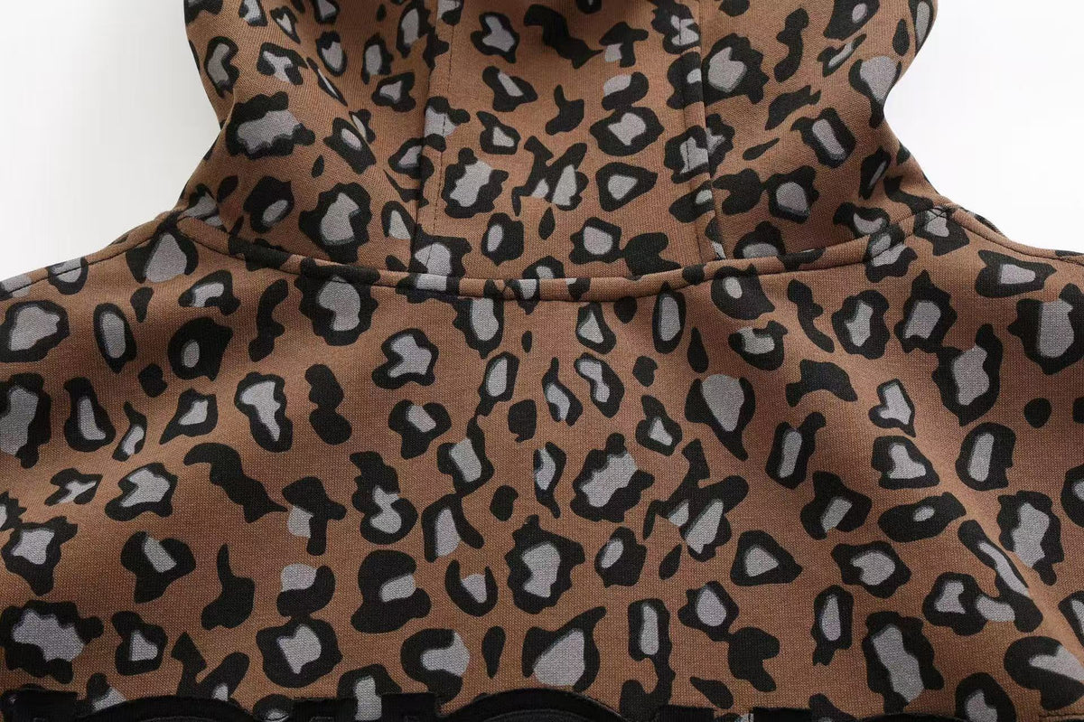 Unisex Leopard Print Color Block Zip-Up Hoodie