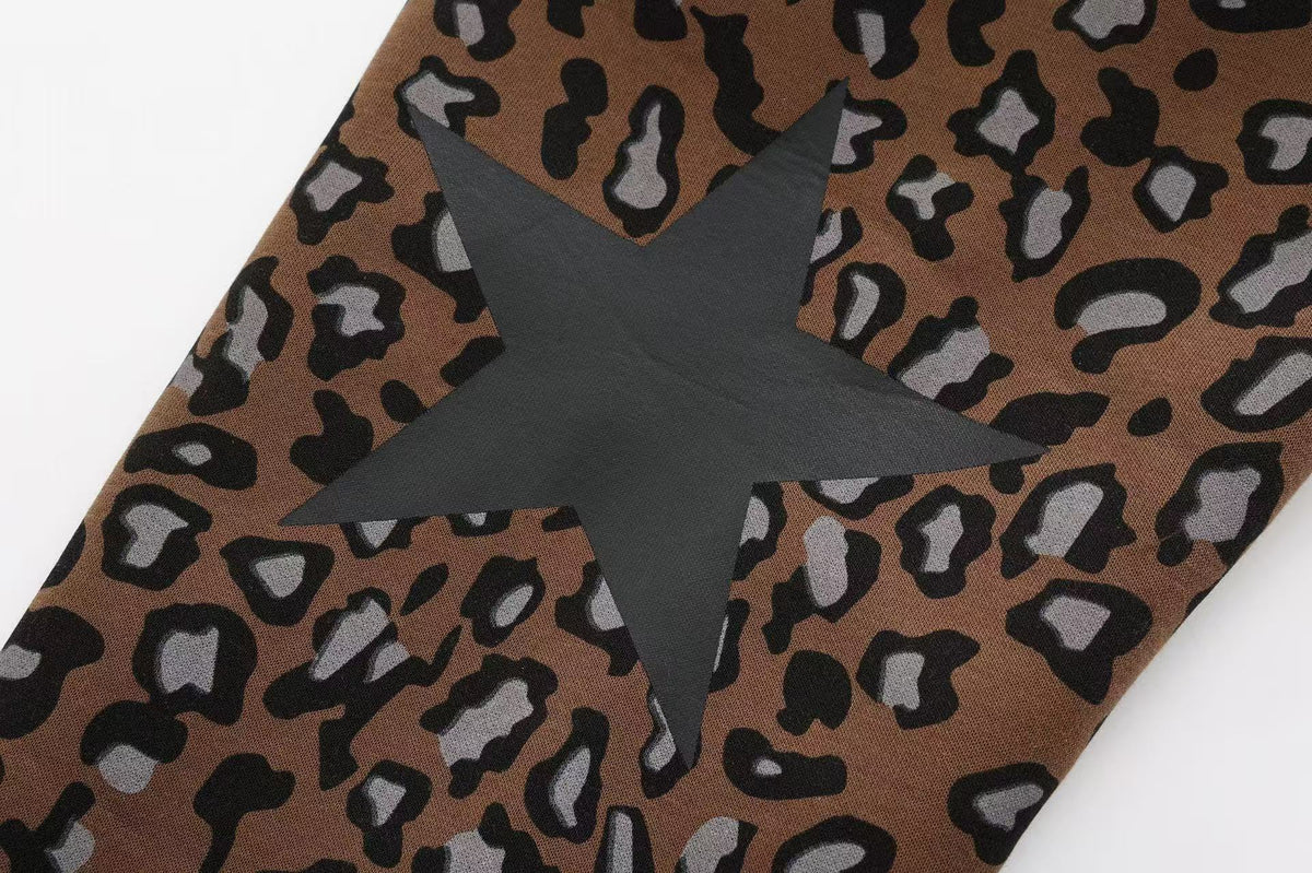 Unisex Leopard Print Color Block Zip-Up Hoodie