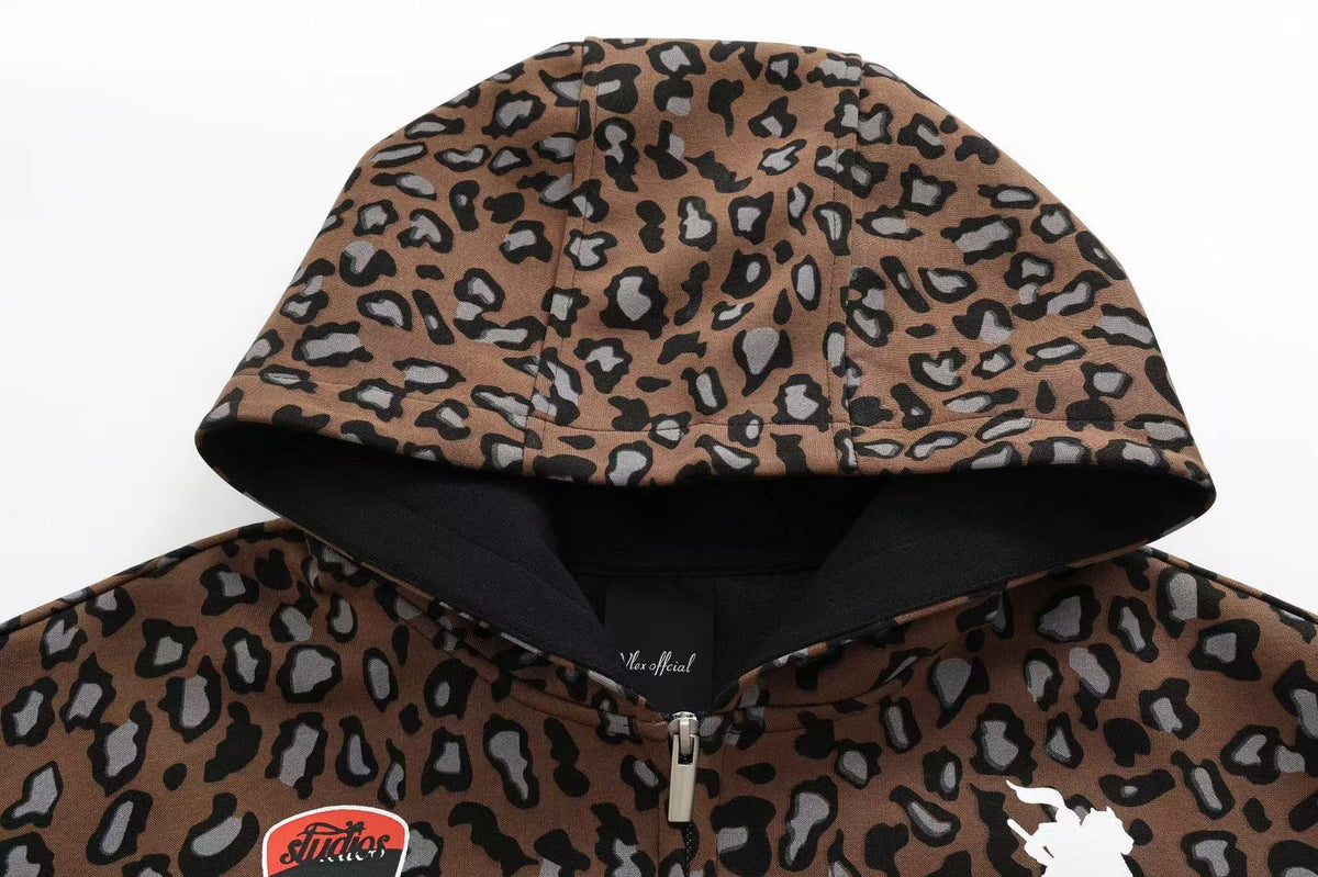 Unisex Leopard Print Color Block Zip-Up Hoodie