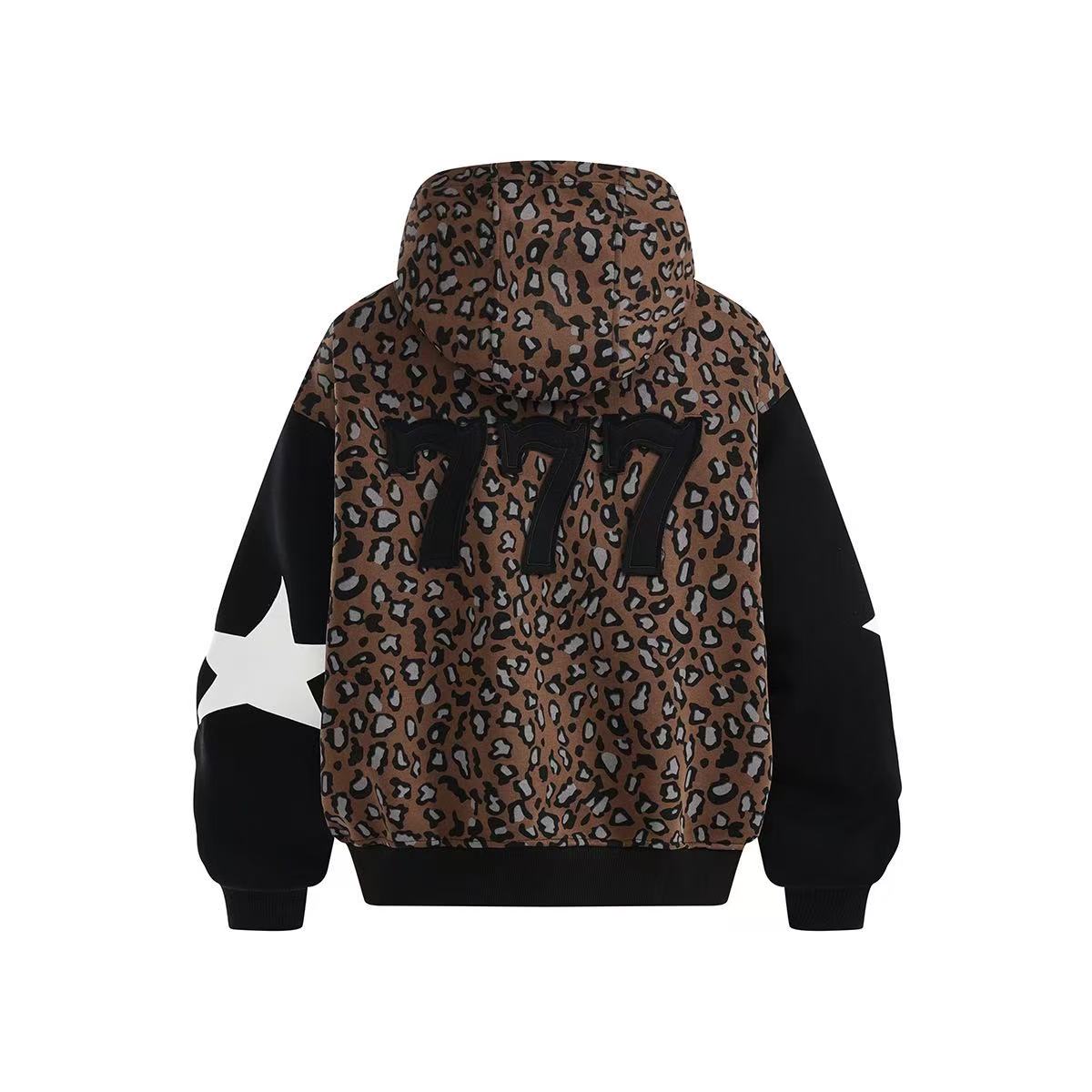 Unisex Leopard Print Color Block Zip-Up Hoodie