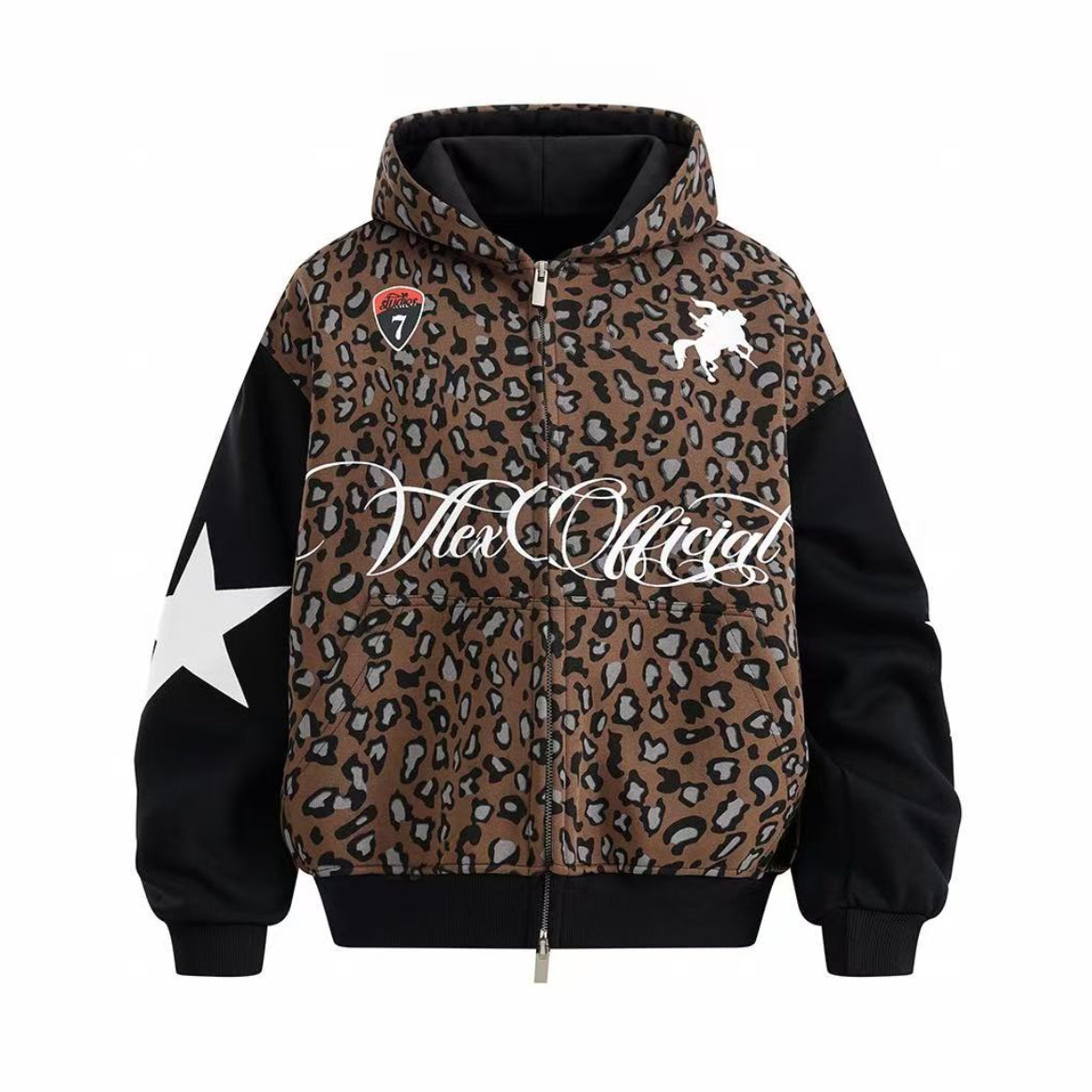 Unisex Leopard Print Color Block Zip-Up Hoodie