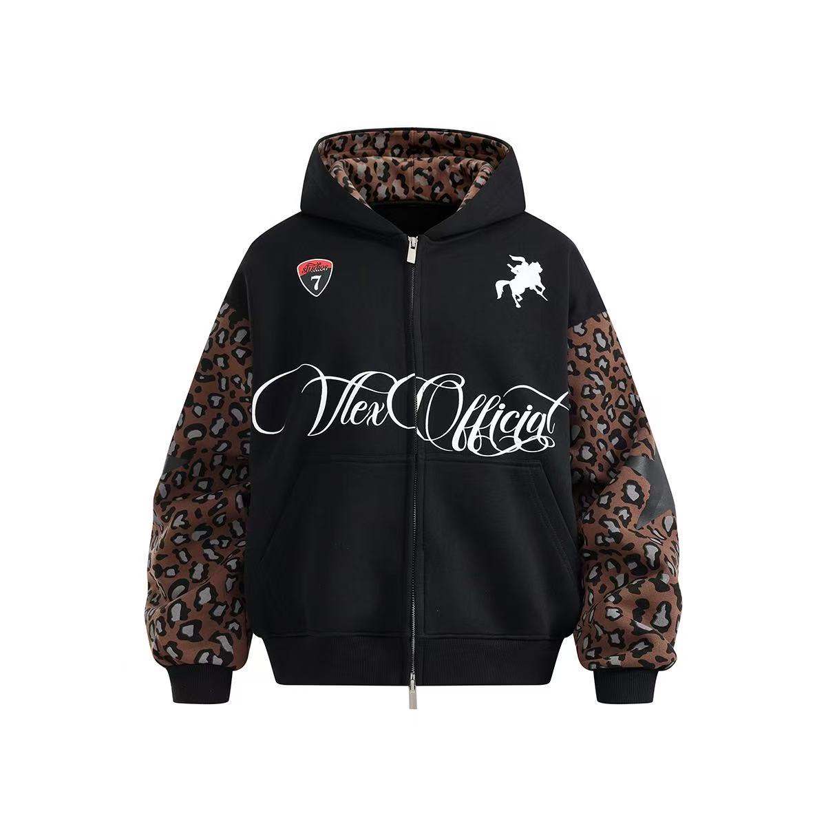 Unisex Leopard Print Color Block Zip-Up Hoodie