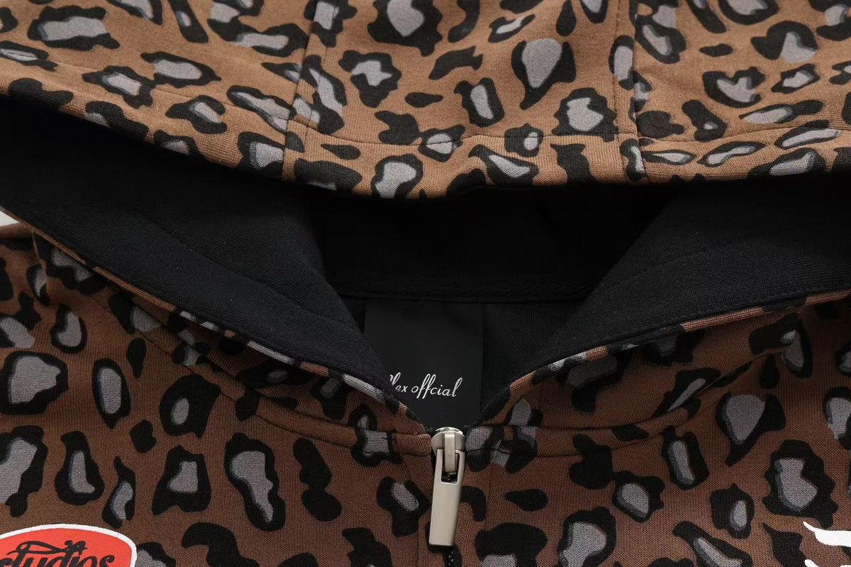 Unisex Leopard Print Color Block Zip-Up Hoodie