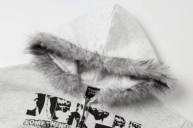 Vintage Newspaper Collage Graphic Print Furry Trim Zip Up Hoodie