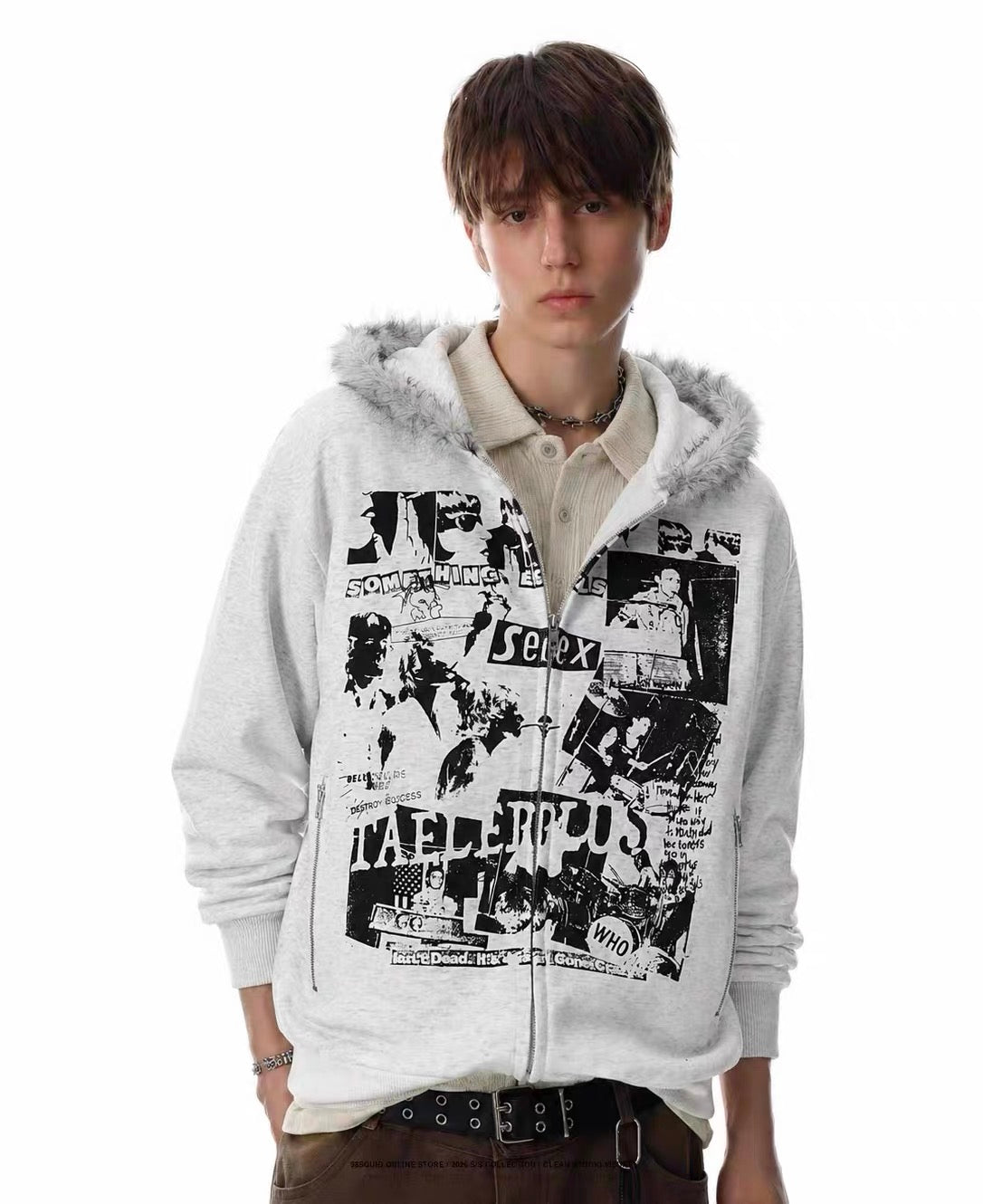 Vintage Newspaper Collage Graphic Print Furry Trim Zip Up Hoodie