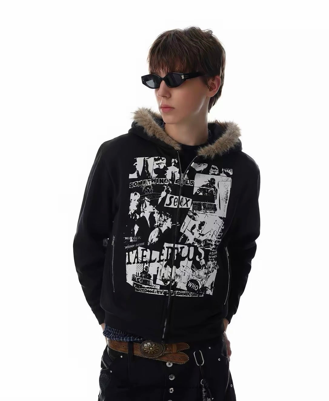 Vintage Newspaper Collage Graphic Print Furry Trim Zip Up Hoodie
