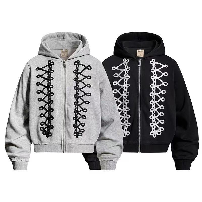 Vintage Front Lace Up Cutout Zip Up Hoodie