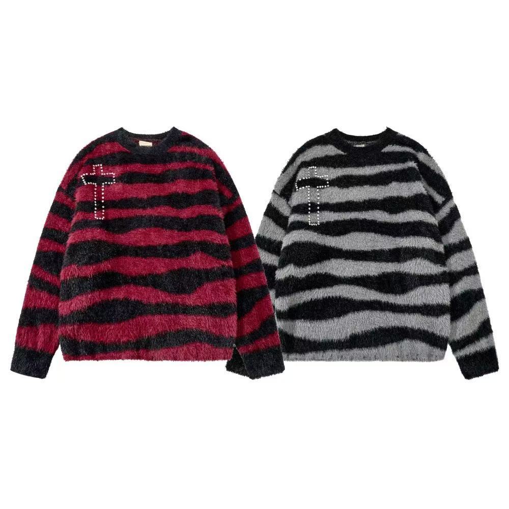 Unisex Rhinestone Cross Graphic Striped Fuzzy Knit Sweater