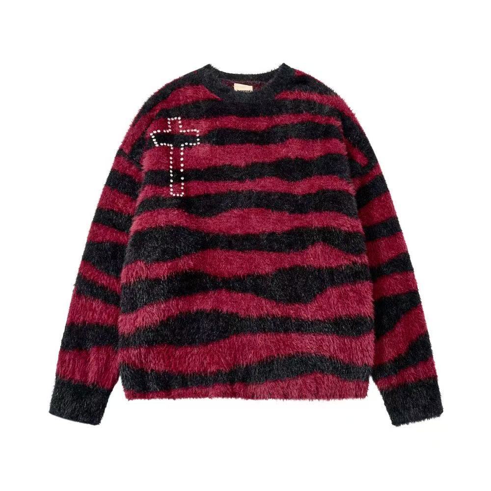 Unisex Rhinestone Cross Graphic Striped Fuzzy Knit Sweater
