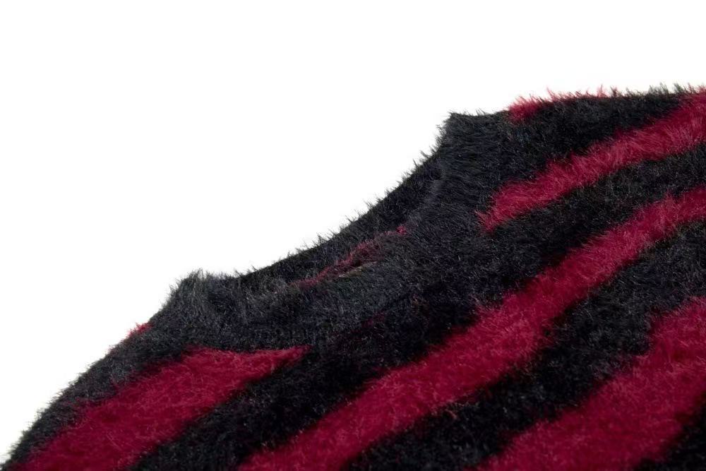 Unisex Rhinestone Cross Graphic Striped Fuzzy Knit Sweater