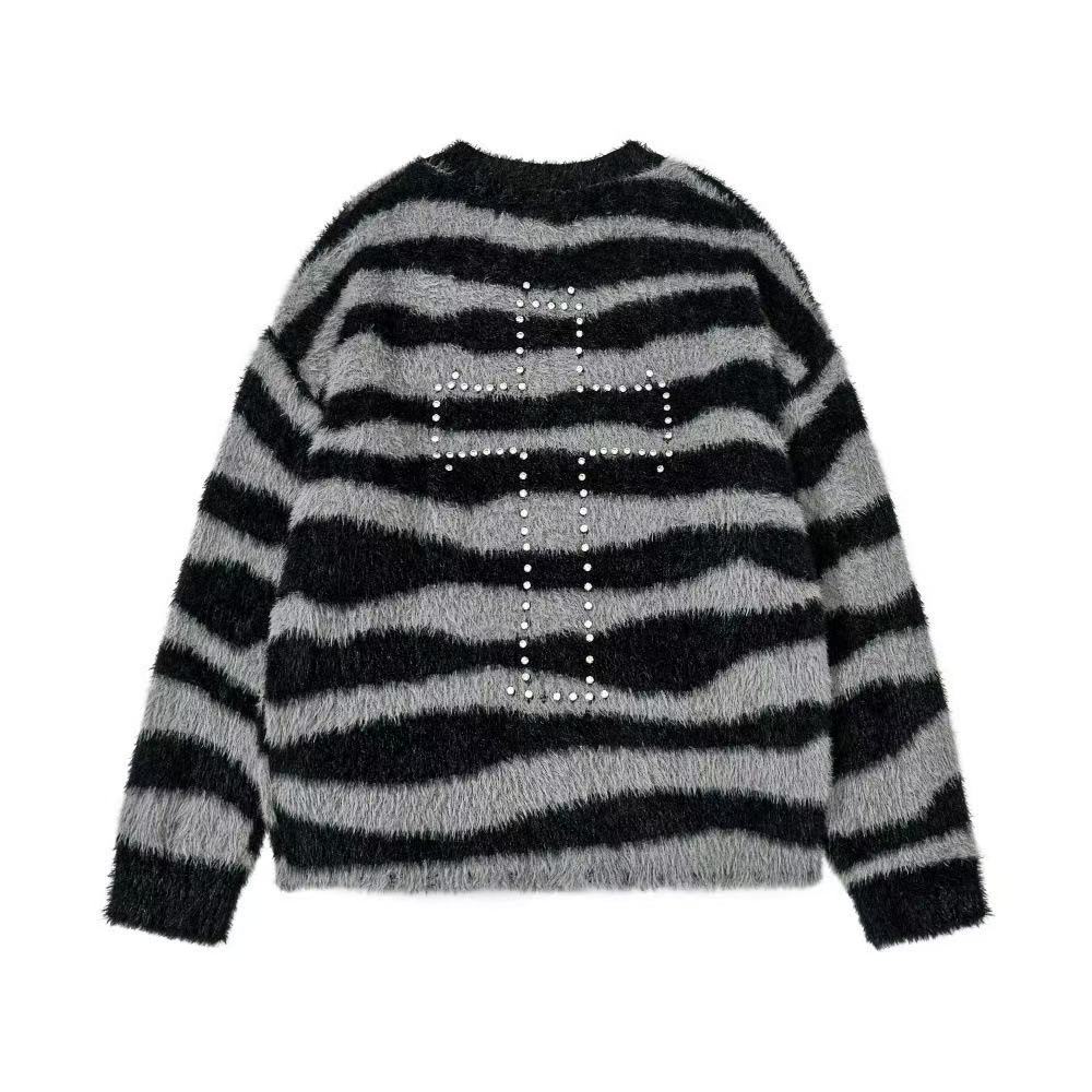 Unisex Rhinestone Cross Graphic Striped Fuzzy Knit Sweater