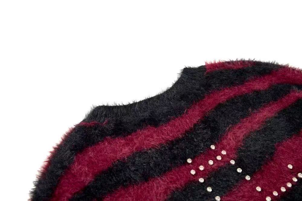 Unisex Rhinestone Cross Graphic Striped Fuzzy Knit Sweater