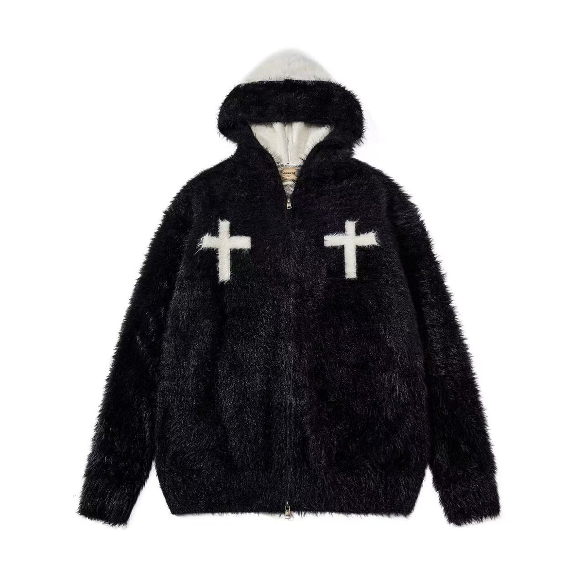 Unisex Faux Fur Contrast Cross Patch Zip Up Hooded Sweater