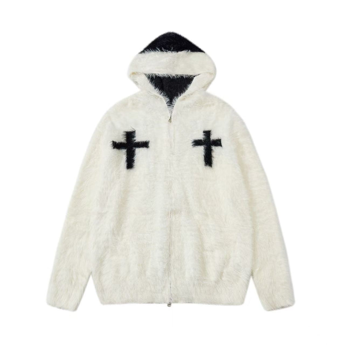 Unisex Faux Fur Contrast Cross Patch Zip Up Hooded Sweater
