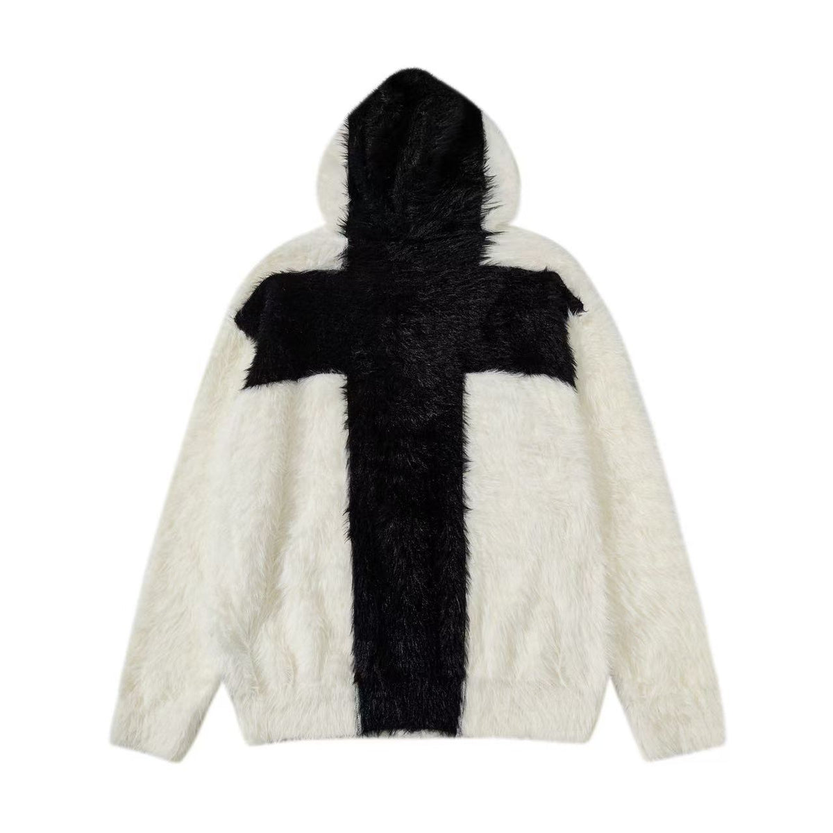 Unisex Faux Fur Contrast Cross Patch Zip Up Hooded Sweater