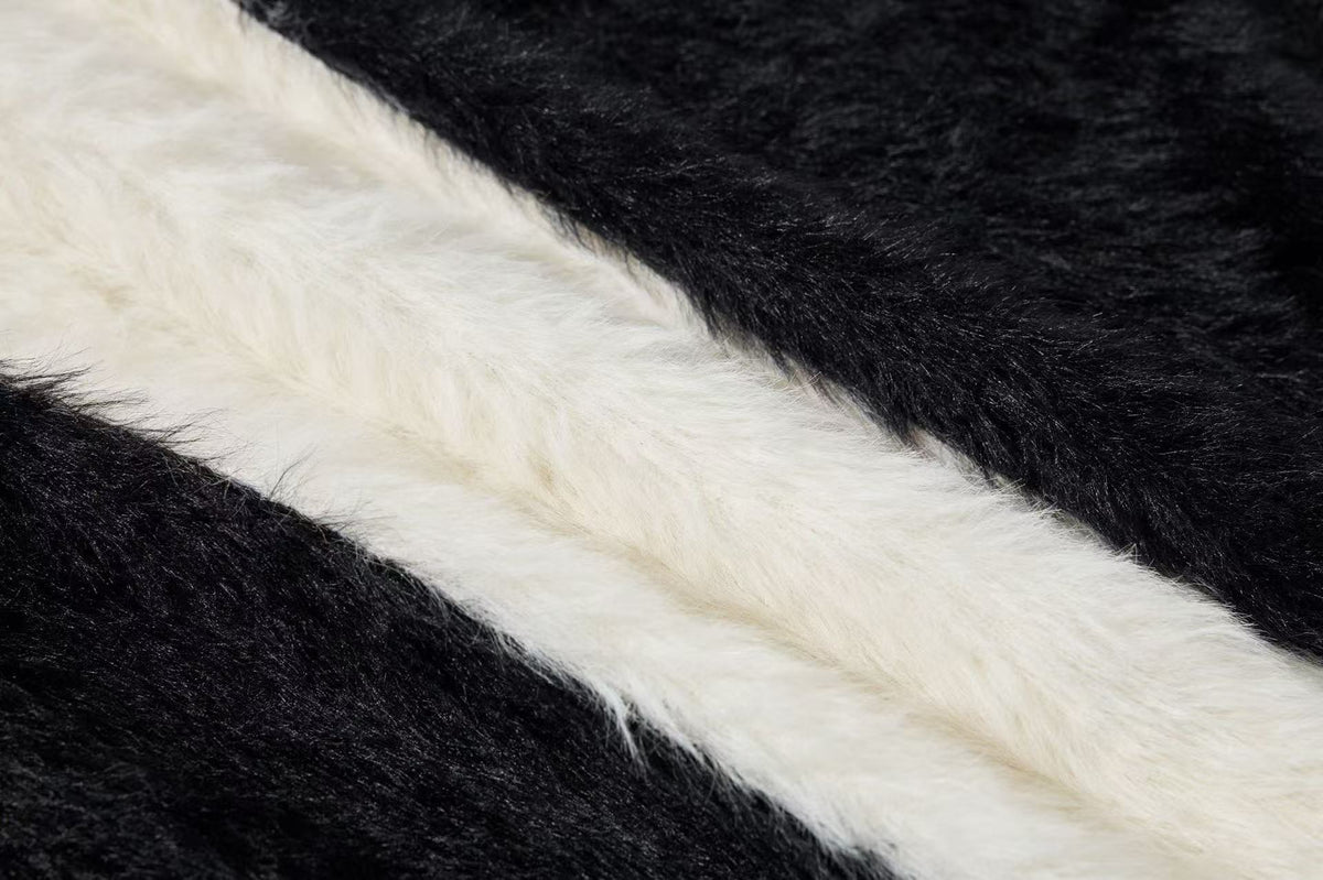 Unisex Faux Fur Contrast Cross Patch Zip Up Hooded Sweater