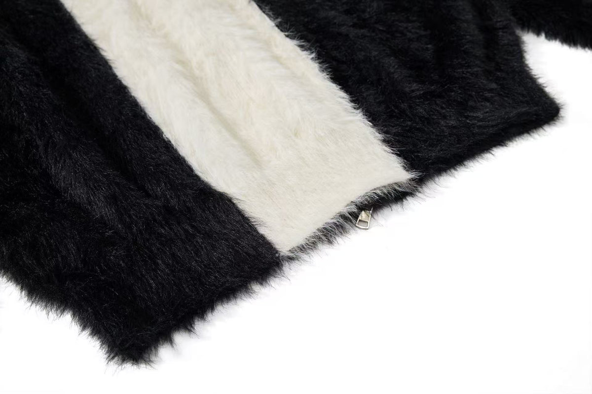 Unisex Faux Fur Contrast Cross Patch Zip Up Hooded Sweater