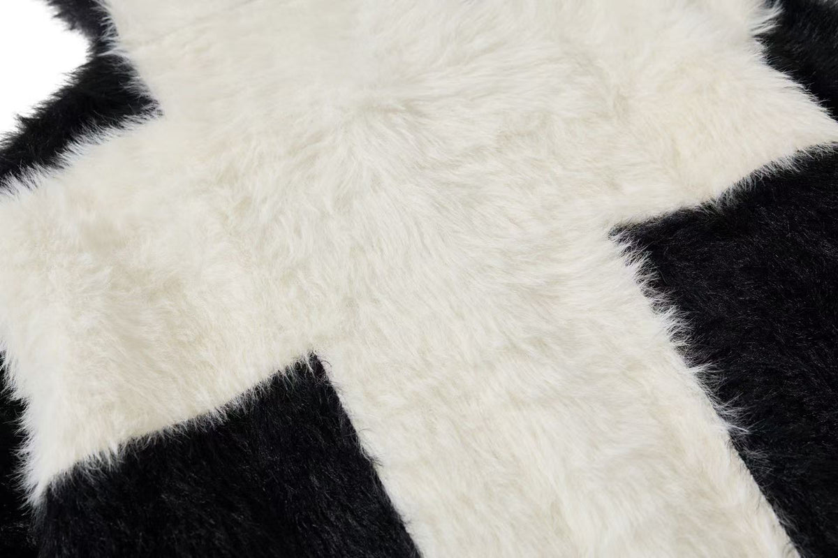 Unisex Faux Fur Contrast Cross Patch Zip Up Hooded Sweater