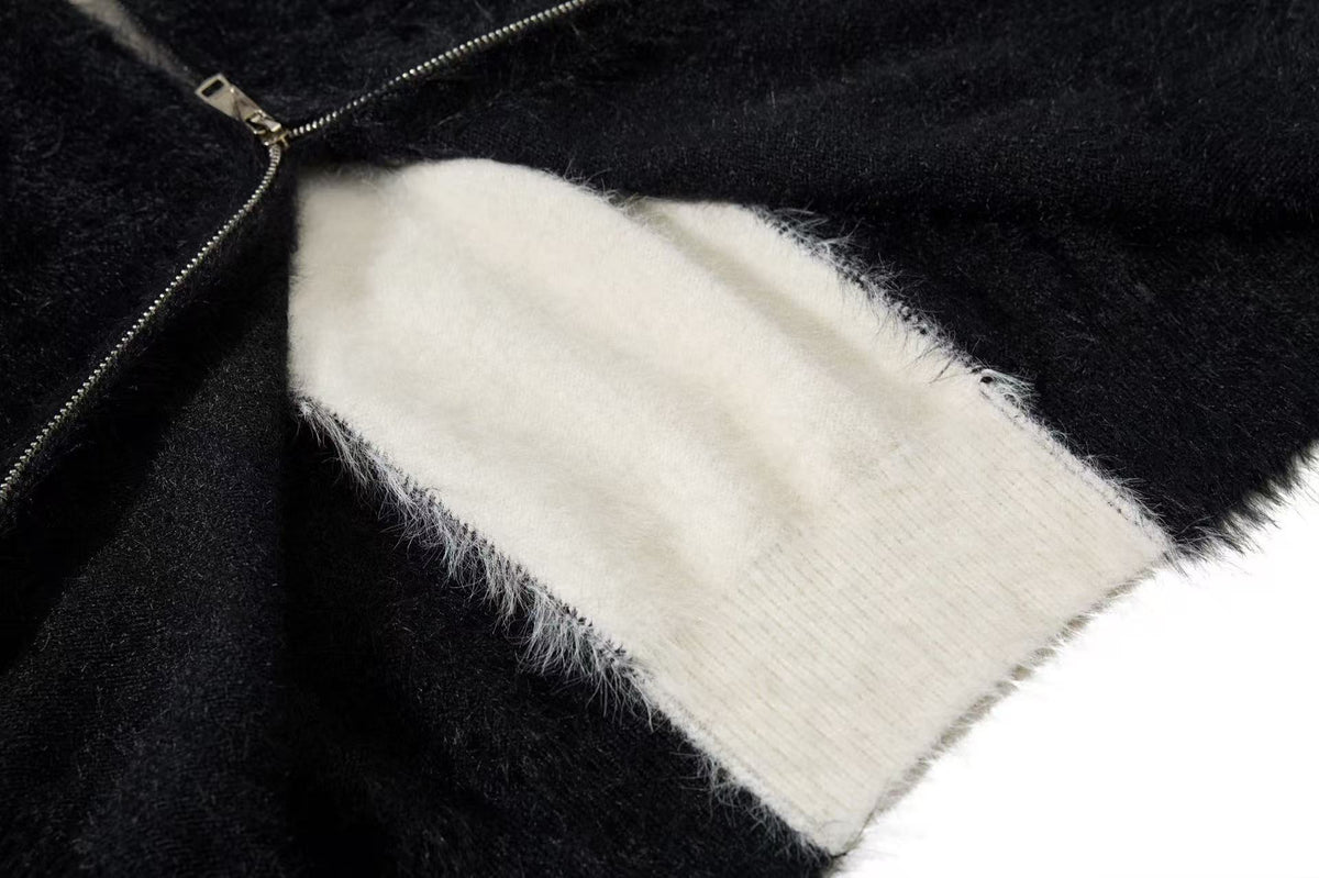 Unisex Faux Fur Contrast Cross Patch Zip Up Hooded Sweater