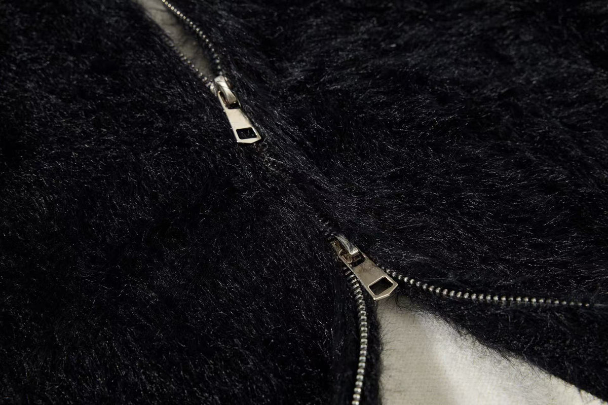 Unisex Faux Fur Contrast Cross Patch Zip Up Hooded Sweater
