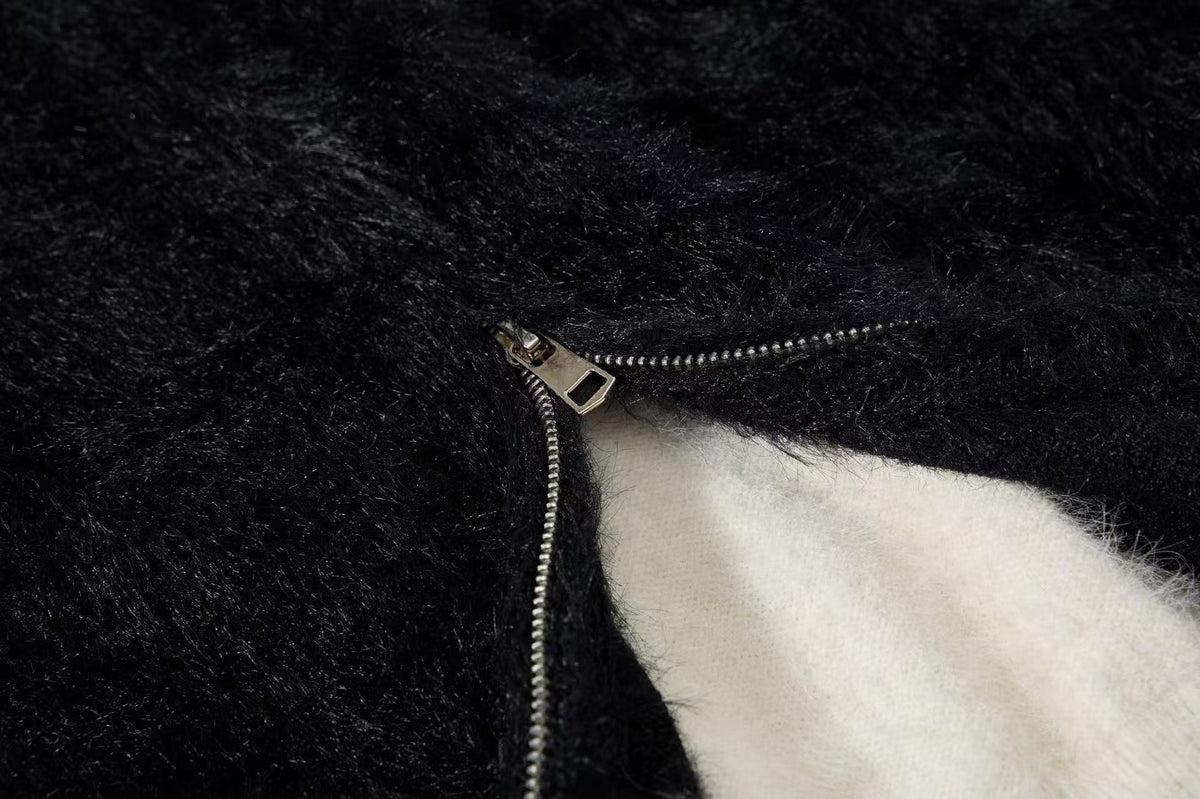 Unisex Faux Fur Contrast Cross Patch Zip Up Hooded Sweater