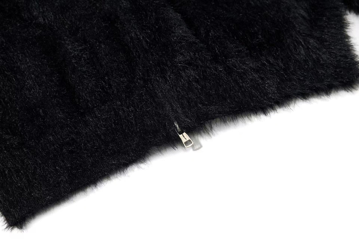 Unisex Faux Fur Contrast Cross Patch Zip Up Hooded Sweater
